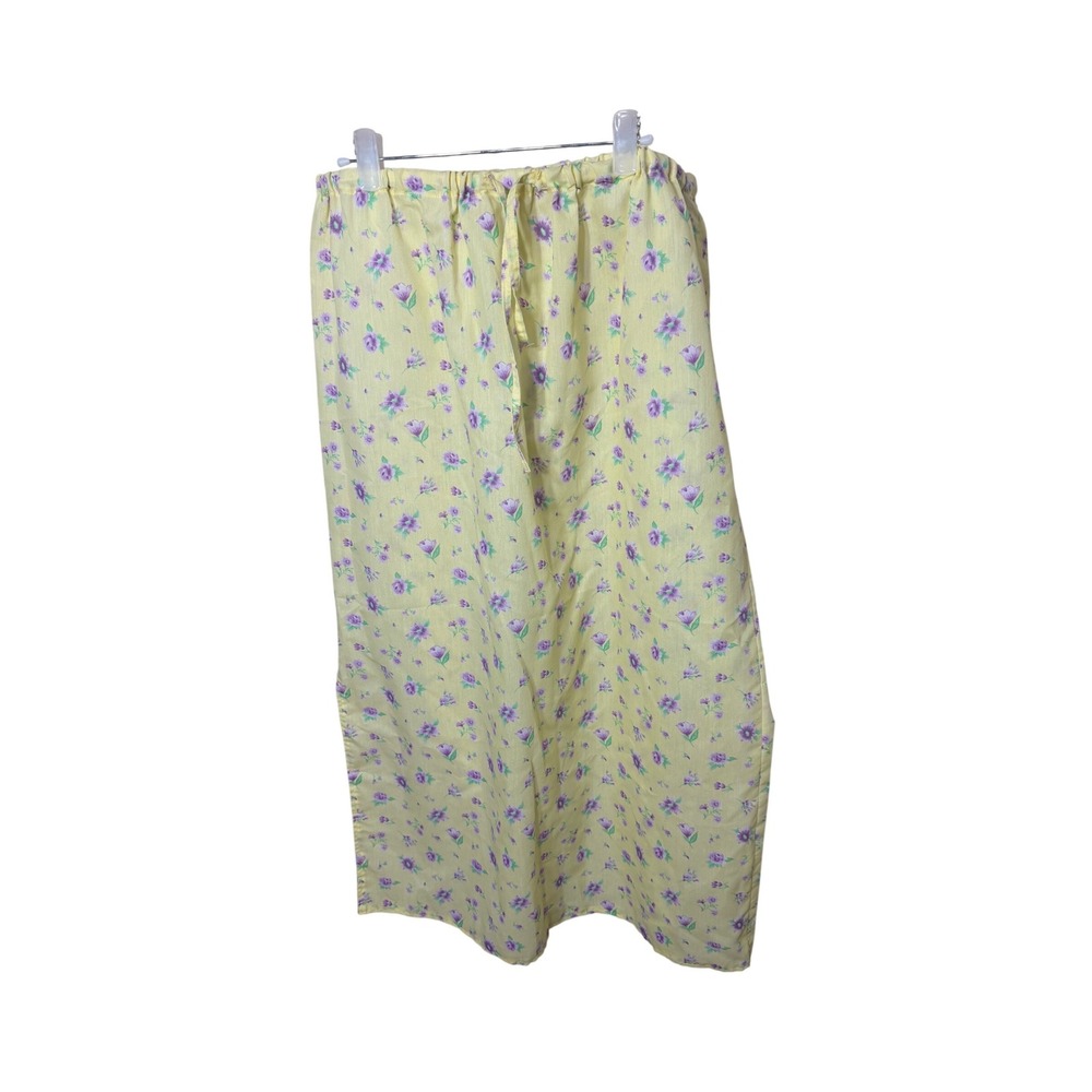 Vintage Style Yellow Purple Floral Maxi Skirt Drawstring Waist Side Slit 32W